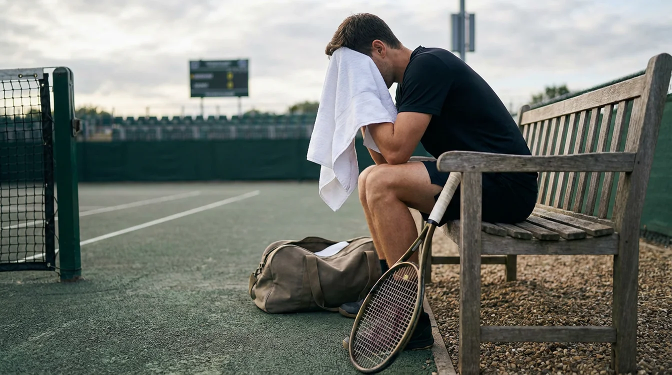 Tennista seduto in panchina durante una pausa che si asciuga con un asciugamano