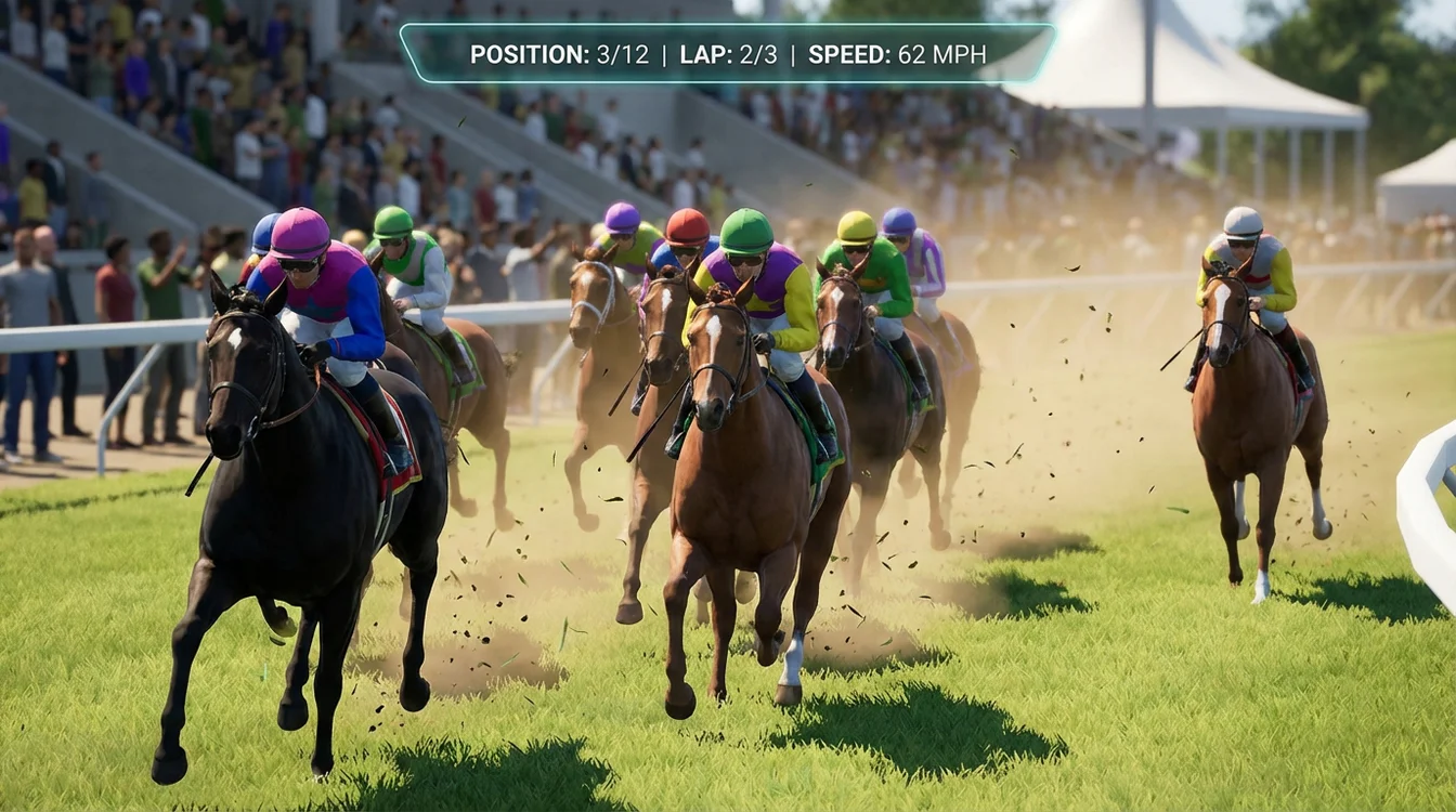 Cavalli al galoppo durante una corsa virtuale con fantini colorati