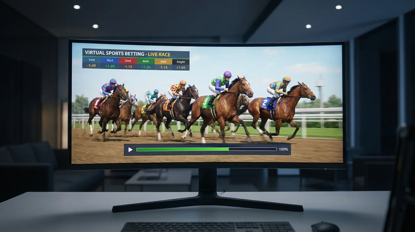 Schermata di una corsa di cavalli virtuale su monitor con grafica realistica