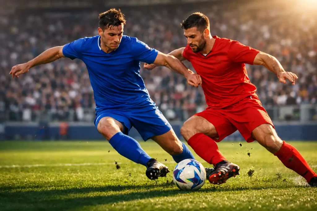 Azione di gioco durante una partita di Serie A con calciatori che contendono il pallone