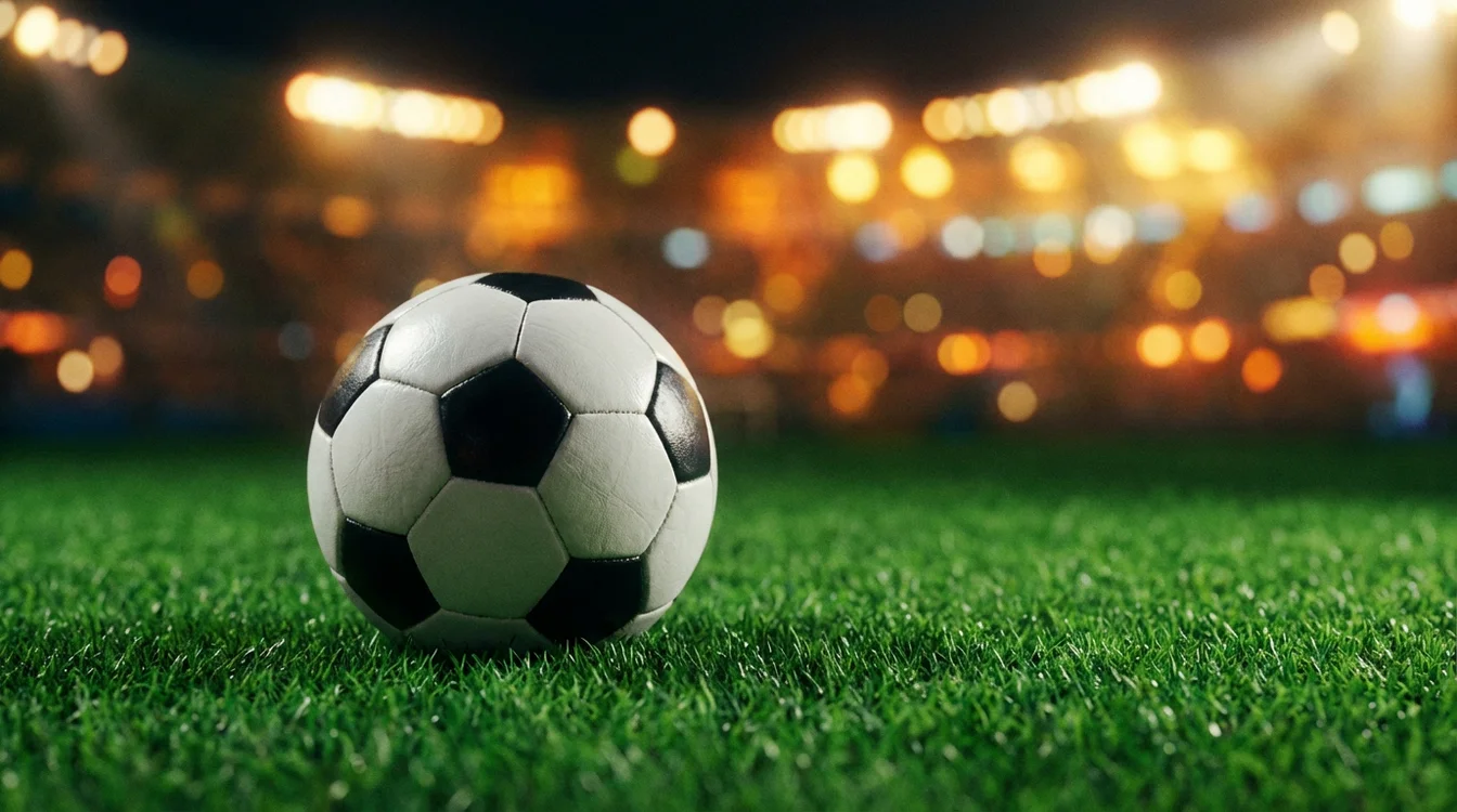 Pallone da calcio sul prato verde di uno stadio con i riflettori accesi sullo sfondo