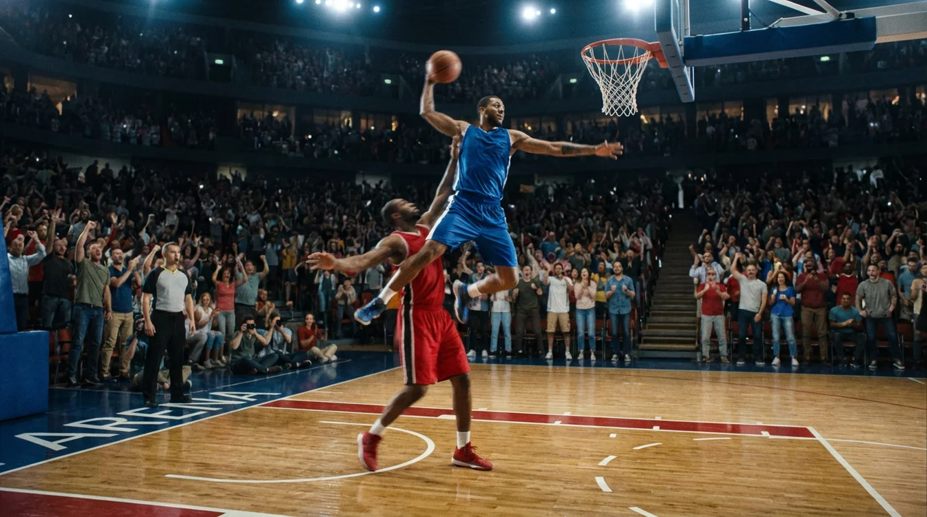 Partita di basket in corso con giocatori in azione sotto canestro in un palazzetto illuminato
