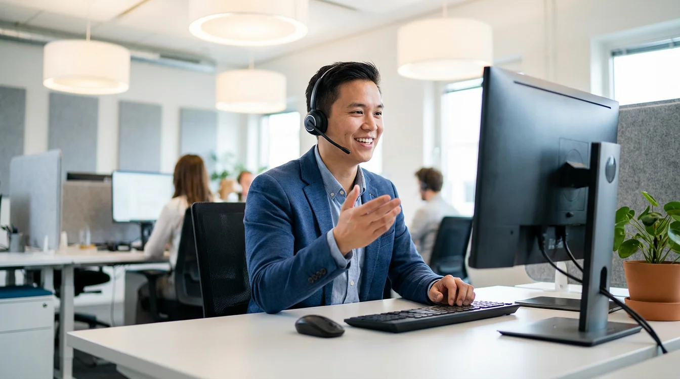 Operatore del servizio clienti con cuffia che assiste un cliente al computer