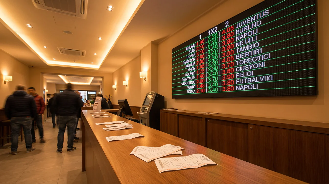 Schermo con quote di scommesse calcistiche in un ambiente di agenzia scommesse