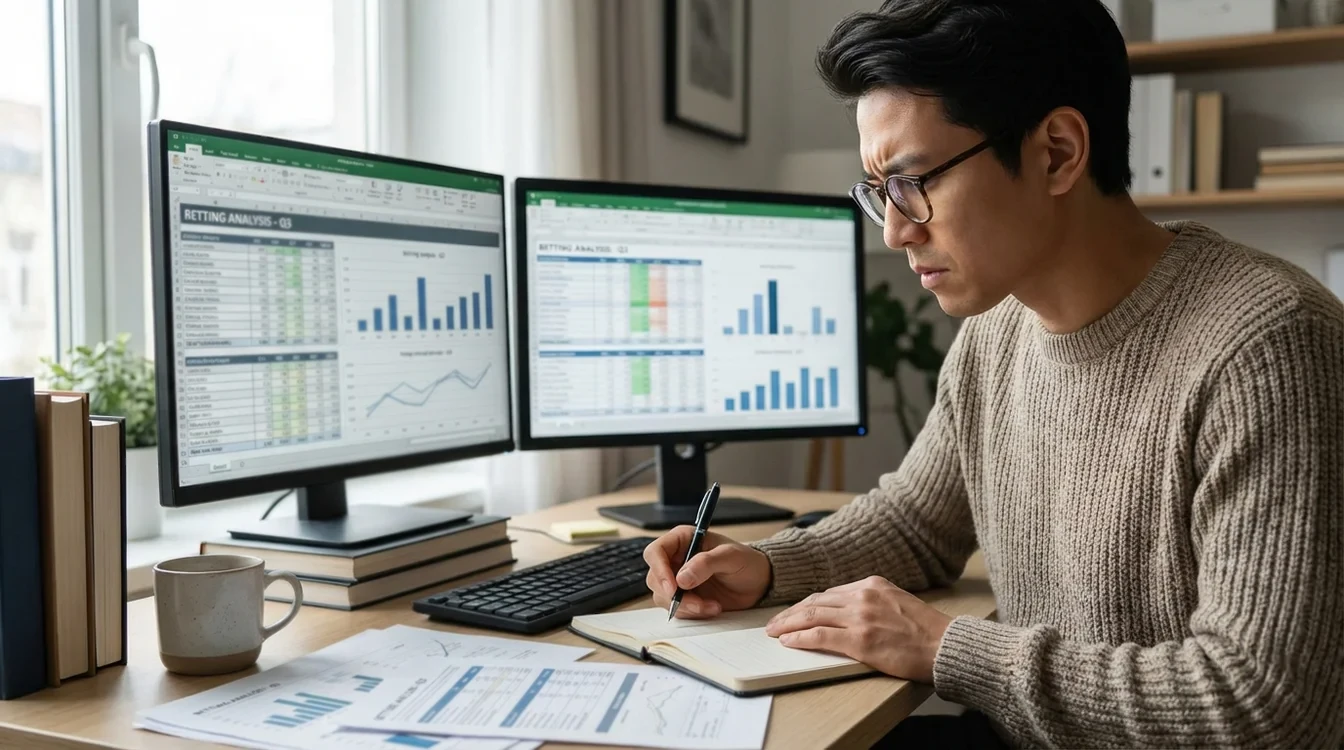 Persona concentrata che prende appunti mentre analizza dati su computer