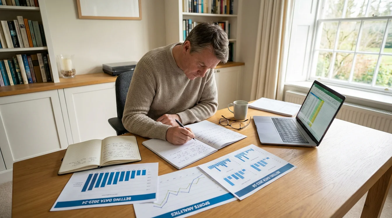 Persona che pianifica strategie di scommesse con appunti e grafici su scrivania